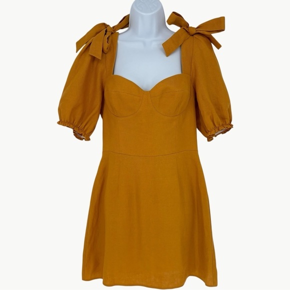 Reformation Spring Bow Linen Corset Mini Dress Size 6 Yellow Puff Sleeve A Line - Picture 2 of 14